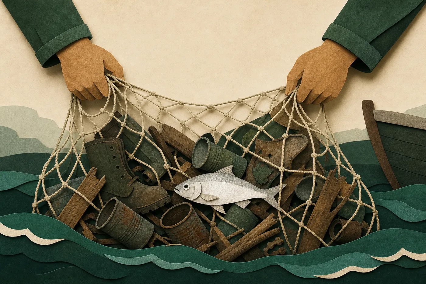 Two hands haul a fishing net full of old boots and tin cans, with one silver fish among the junk