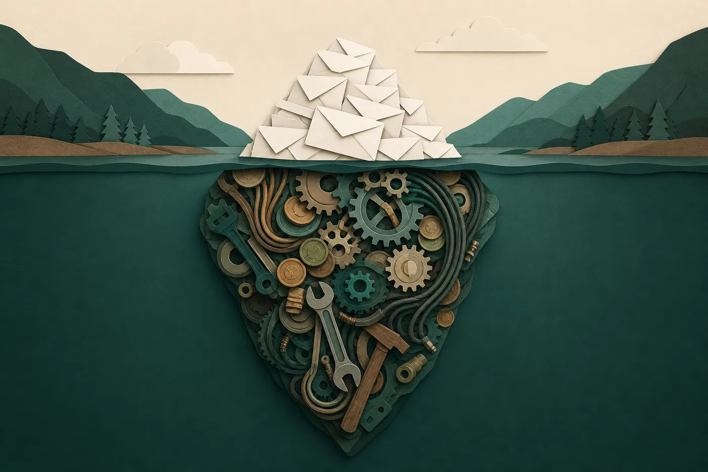 An iceberg whose small visible tip is a stack of envelopes while the huge hidden mass below the water is gears, coins and cables