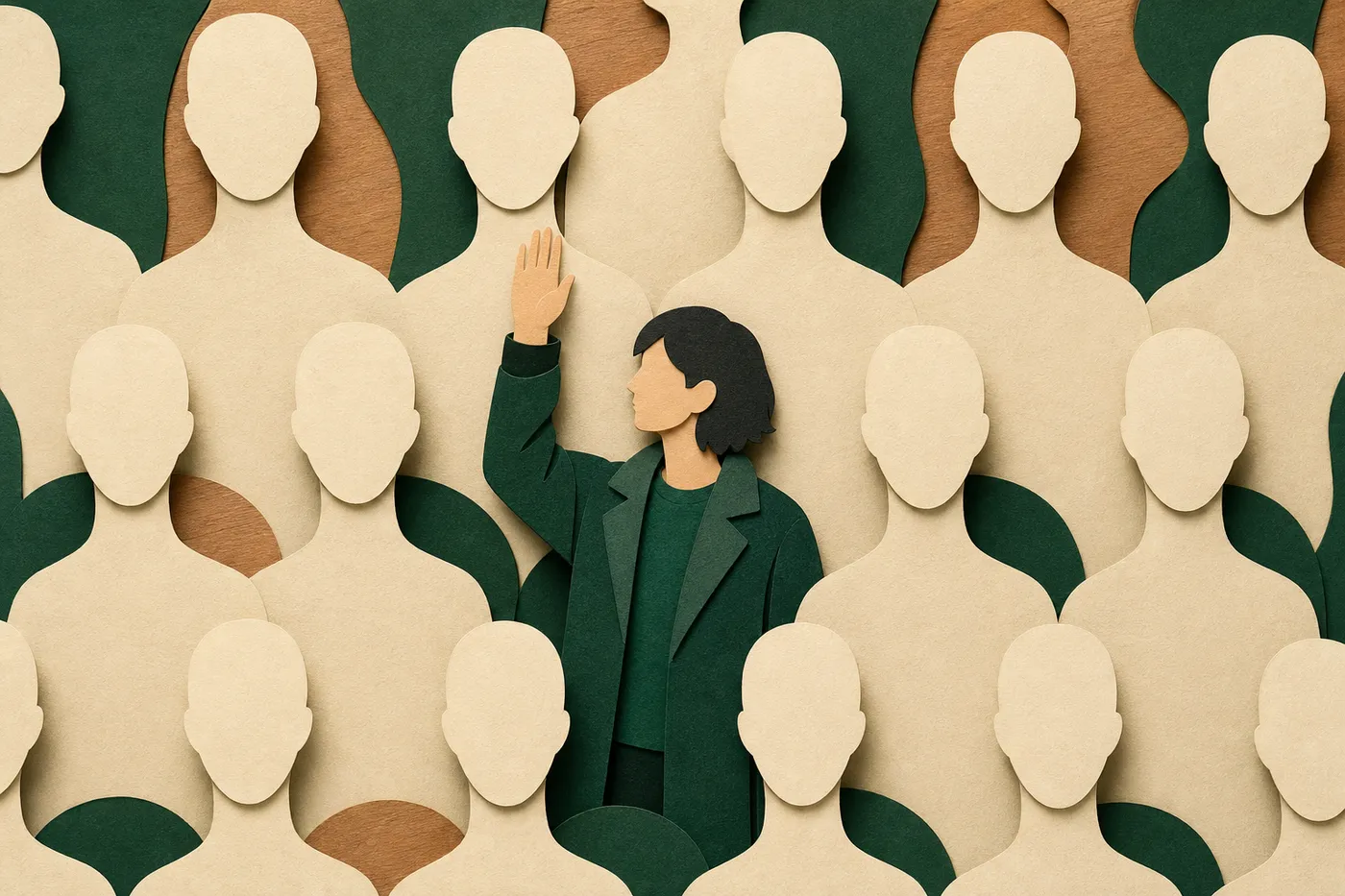 A crowd of identical pale mannequins with one real person in a green jacket raising a hand