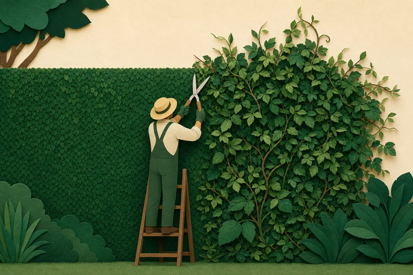 A gardener prunes an overgrown hedge, the left half trimmed neat and the right half still wild