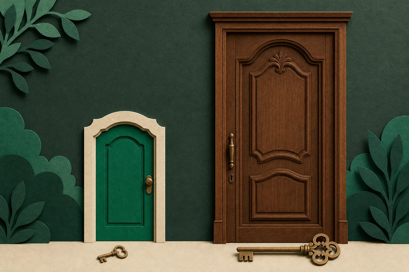 Two doors side by side, a small bright compact door and a tall carved oak door, each with its own key on the floor