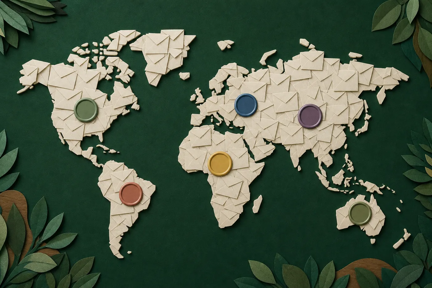 A world map made of paper envelopes, each continent sealed with a different coloured wax seal