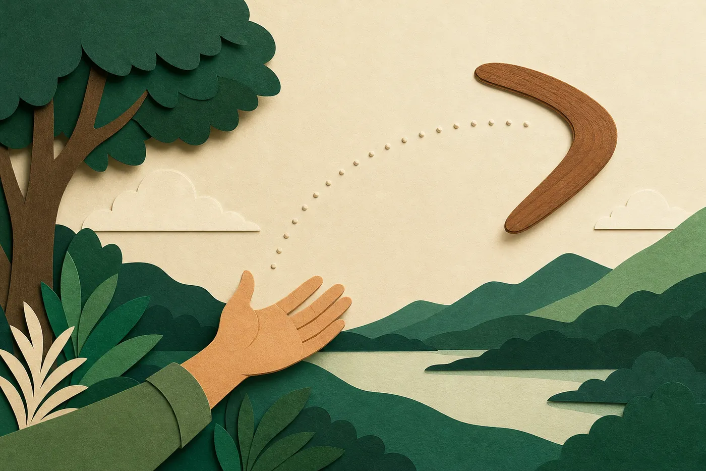 A wooden boomerang curving back toward the open hand that threw it