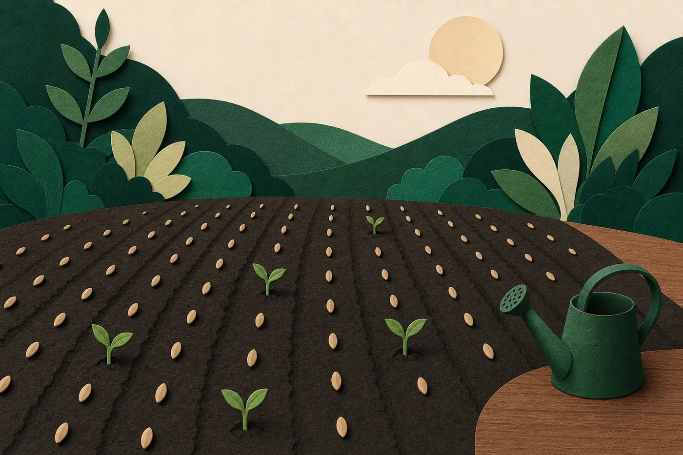 A field of soil with many seeds planted in rows and only a handful of green sprouts grown