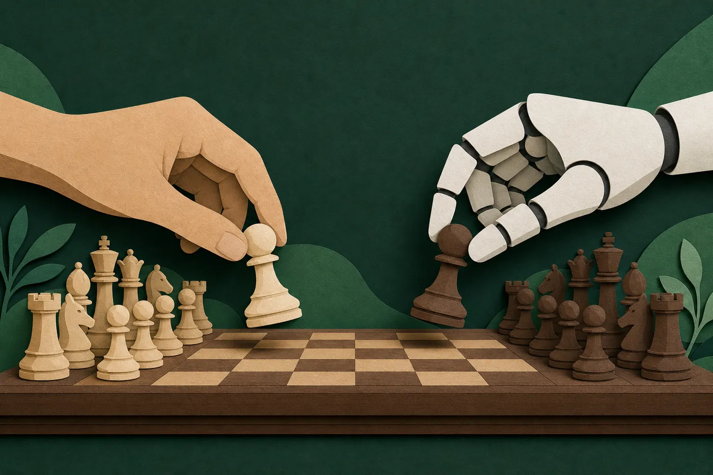 A human hand and a robotic hand each move a pawn toward the centre of a chess board