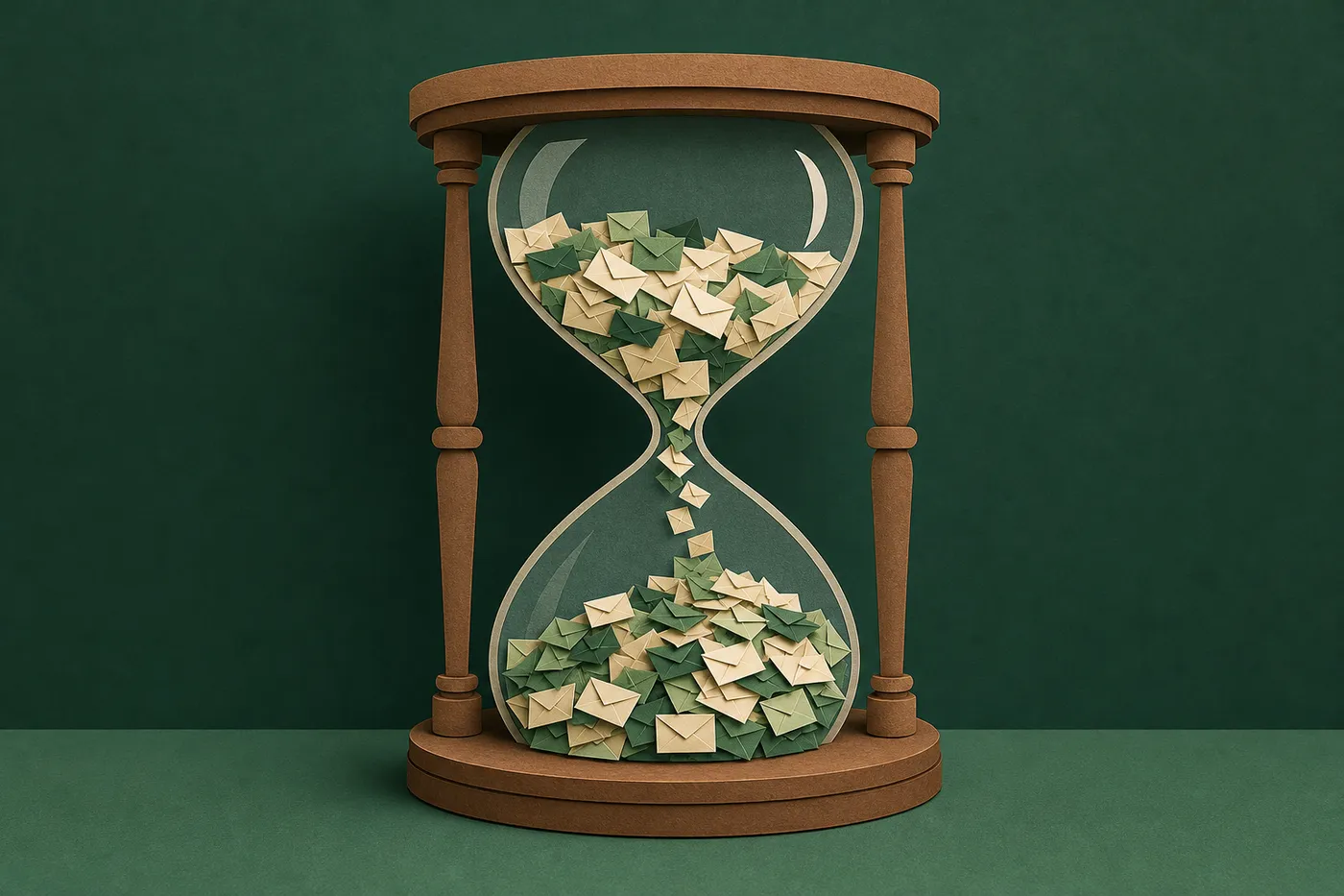 An hourglass whose sand is made of tiny paper envelopes, half of them already fallen